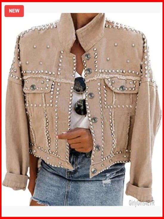 Jackets & Blazers - Long Sleeve Studded Denim Jacket Loose Fit Western Style